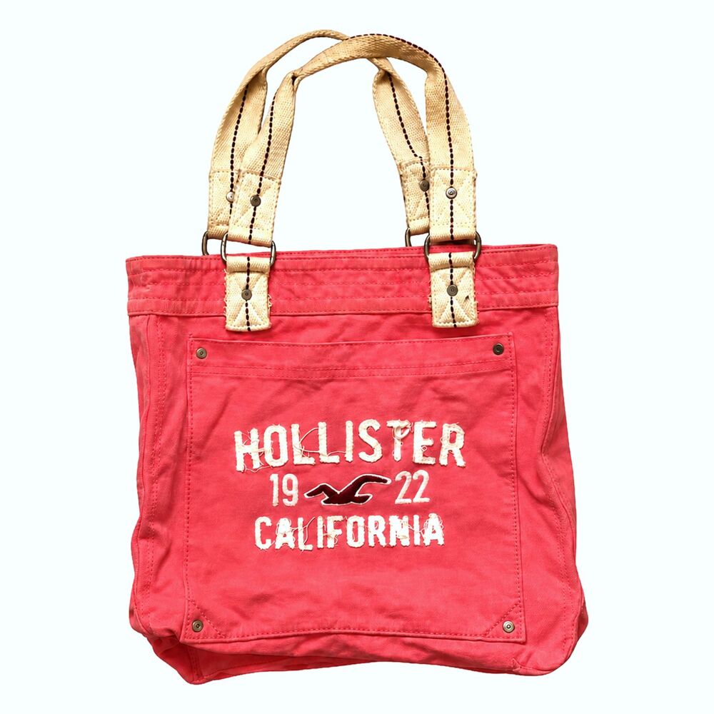 Hollister California Coral Canvas Tote Bag Distressed Logo Shoulder Y2K Purse